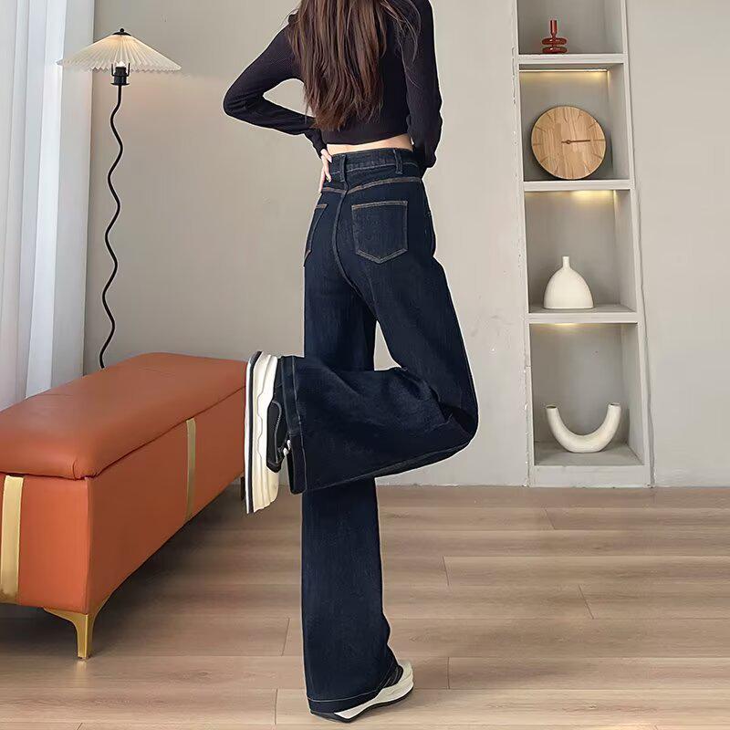 Women's Dark Blue High-Waisted Wide-Leg Jeans with Contrast Stitching - Autumn/Winter 2025