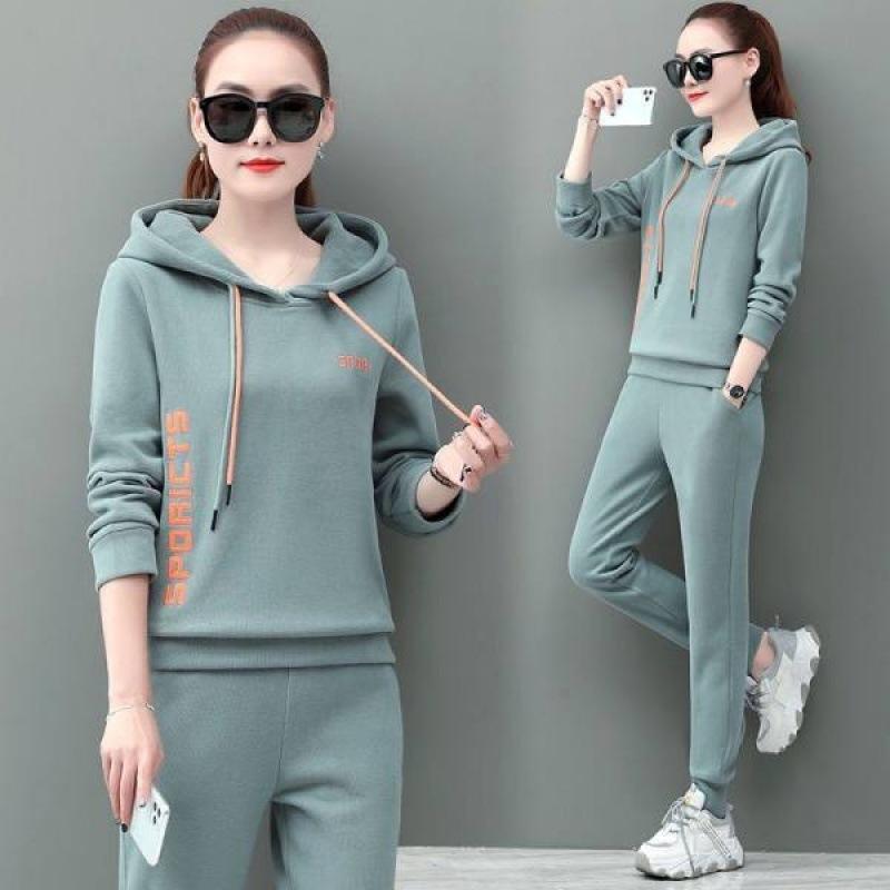 Casual Hooded Sweatshirt Sports Suit for Women Spring and Autumn Large Size Korean Style Fashion Loose Two-piece Set