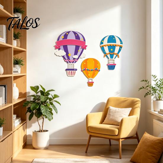Childrens Bedroom Wall Accents 3Pcs Wooden Hot Air Balloon Art, 2D Flat Cartoon Hanging Ornaments, Colorful Kindergarten Decorations for Living
