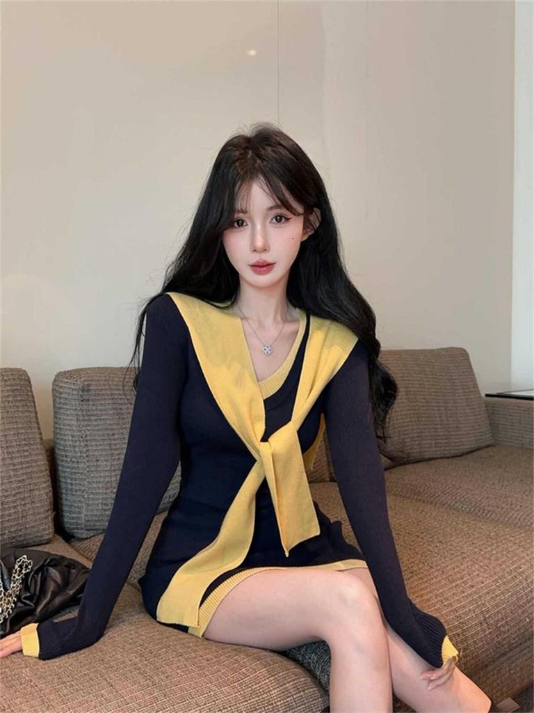 Women's Navy Collar Knit Dress: Spring Style, Sexy, Hip-Hugging, Two-Piece Look, Shawl Sweater Design
