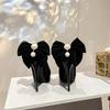 Black waterproof table super high heels women's pointed head thin heel bow pearl single shoes 11CM