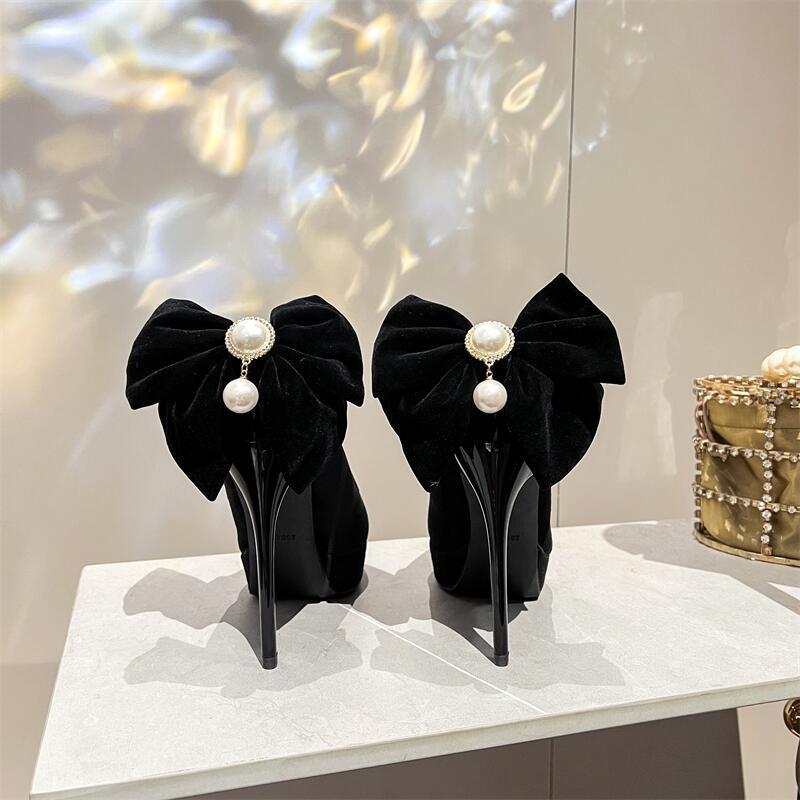 Black waterproof table super high heels women's pointed head thin heel bow pearl single shoes 11CM