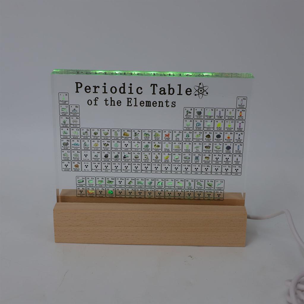 Periodic Table of Elements Clear Acrylic Plate with Wooden Base Colorful Light Chemistry Elements Decor for Students