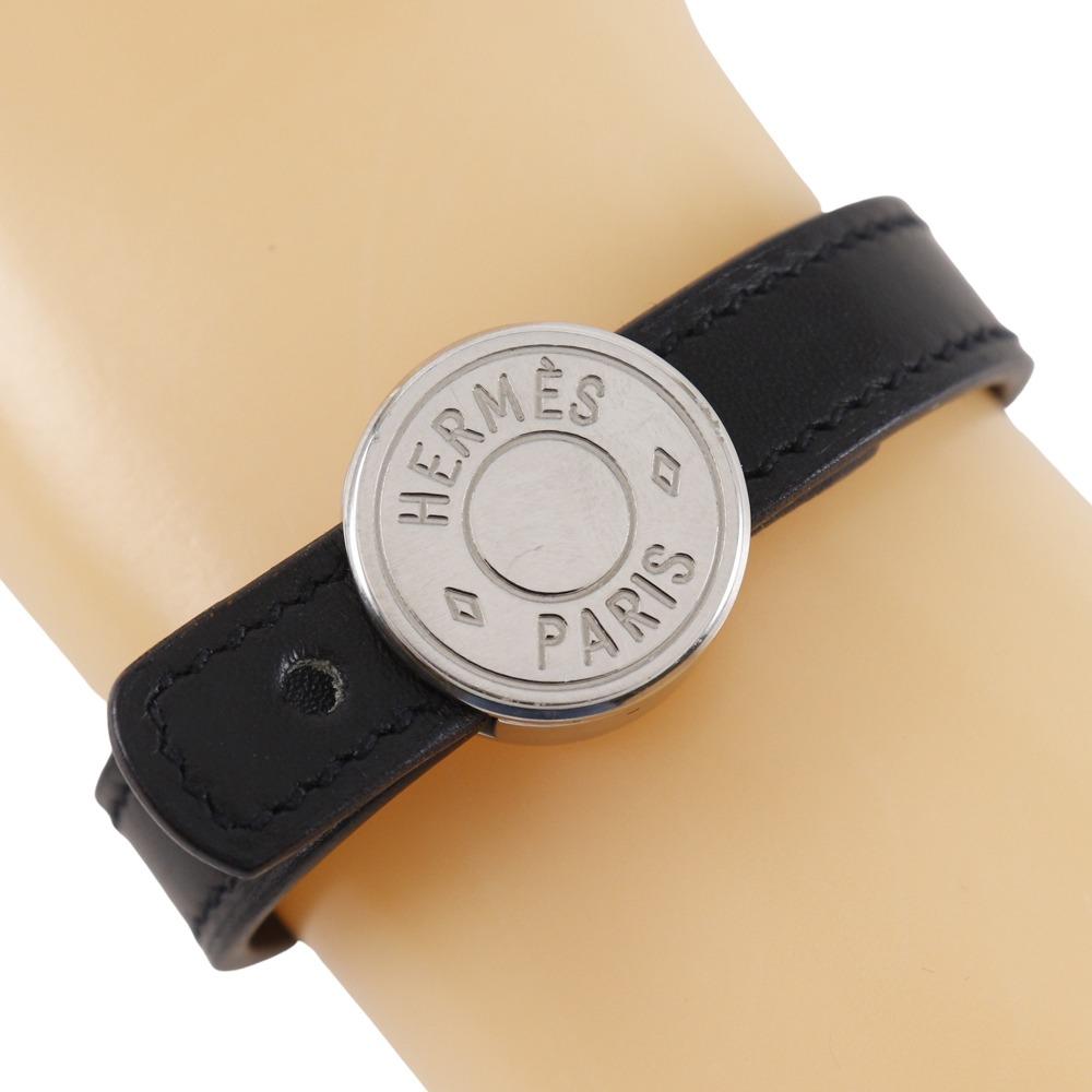 HERMES serie looping Bracelet Black / orange/Silver leather 15.1g Women Used