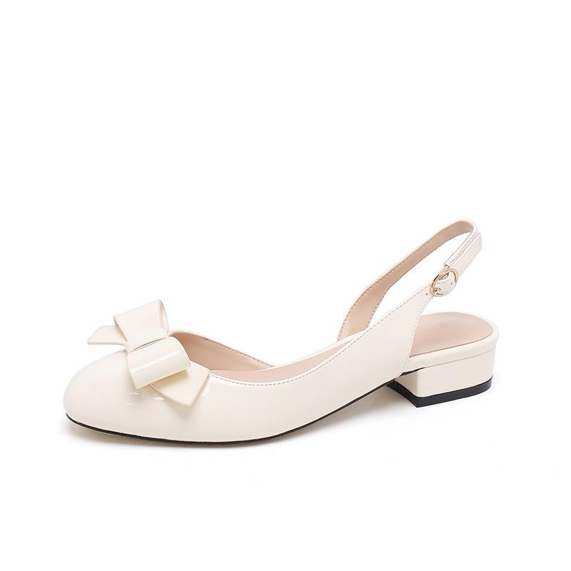 2025 New Bow Round Head Thick Heel High Heels Versatile Niche Bag Head Word with Sandals Women's Empty Single Shoes