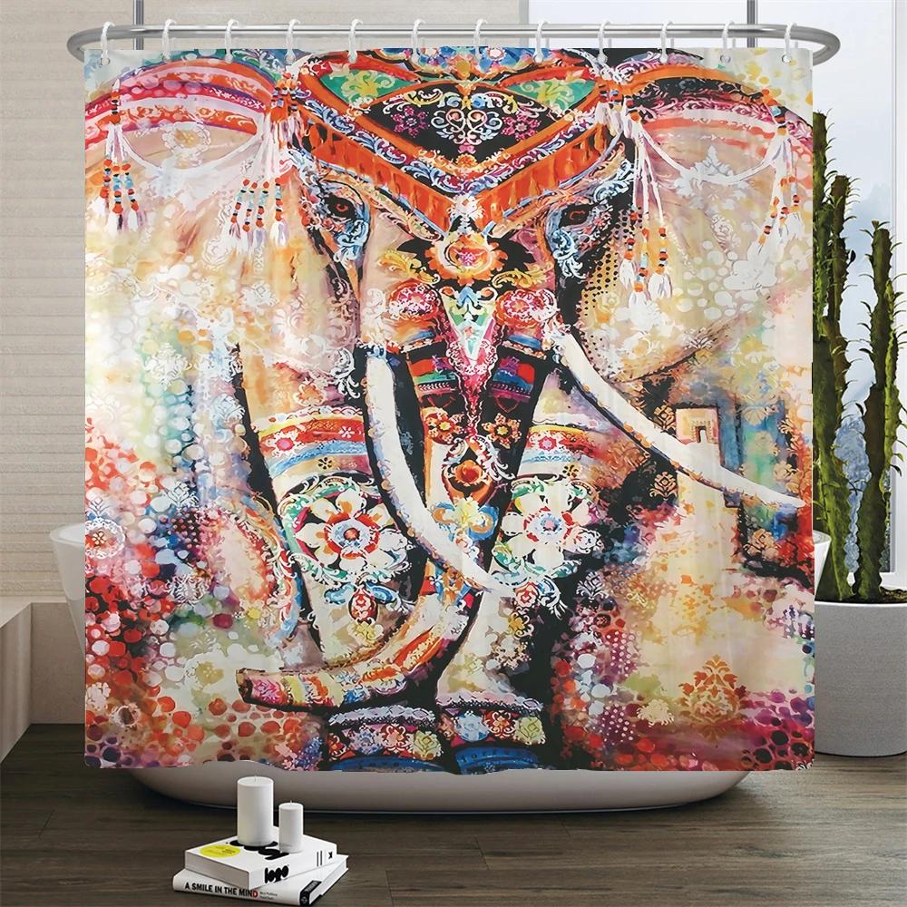 India Elephant Shower Curtains Colorful Mandala Bohemian Bathroom Curtain Waterproof Polyester Fabric Bathtub Screen With Hooks