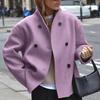 Women European Size Solid Color Double Breasted Woolen Casual Coat Outerwear
