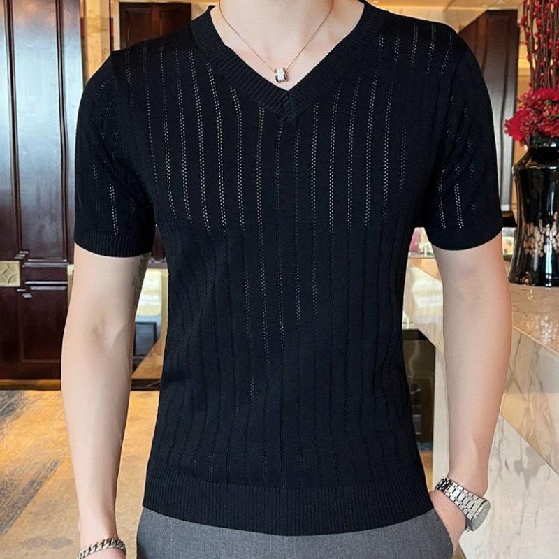 Trend Summer Solid Color V-neck Hollow Out Men's Casual Thin Ice Silk Fabric Fashion Short Sleeve Slim Knitted T-shirt Tops