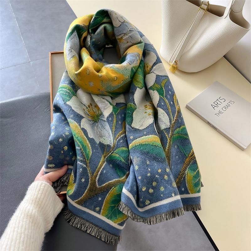 Winter Cashmere Scarf Pashmina Fashion Floral Print Thickened Scarf Women Warm Shawl Wraps Bufandas Poncho High Quality