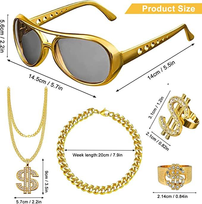 Hip Hop Gold Coin Necklace Ring Hat Glasses Set For Men Women Cosplay Style