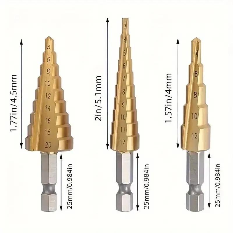 3Pcs 3-12mm/4-12mm/4-20mm Hss Step Drill Bit, Straight Groove DrillTitanium Coated Metal Driller, Drilling Tools Set