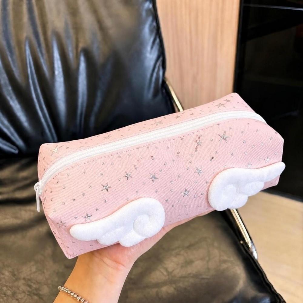 Multifunctional Star Print Pencil Case With Wings Decor Large Capacity Pen Bag Stationery Pouch Back To School