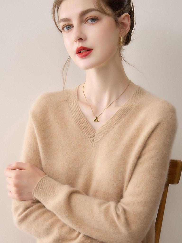 Minimalist Women's Pure Cashmere V-Neck Loose Knit Sweater - Early Autumn Pullover Top