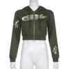 Roupa de Rua Estampa de Letra Estrela Feminina Punk Vintage Verde Zíper Y2K Moletom Curto de Manga Comprida