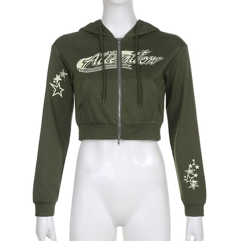 Roupa de Rua Estampa de Letra Estrela Feminina Punk Vintage Verde Zíper Y2K Moletom Curto de Manga Comprida
