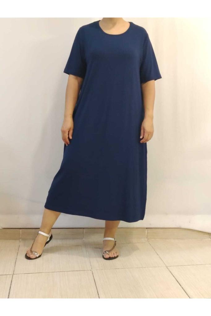Dámské šaty velké velikosti, tmavě modré, česané bavlněné viskózové šaty s krátkým rukávem
