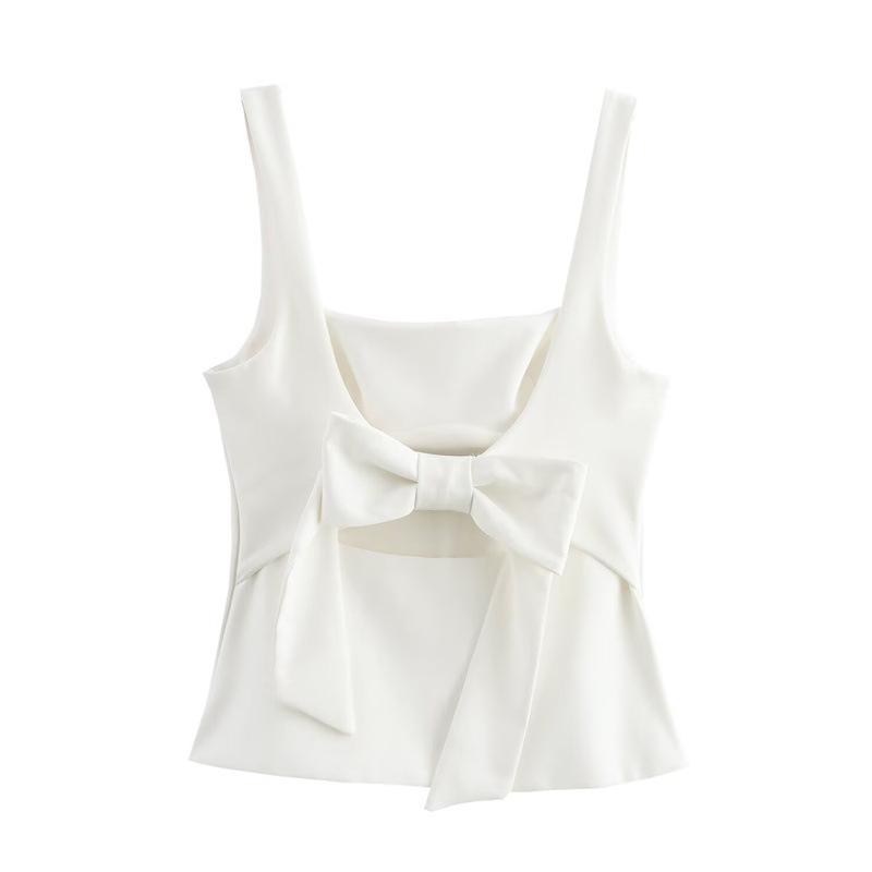 European & American Style Women's Square Neck Spaghetti Strap Top with Back Bowknot