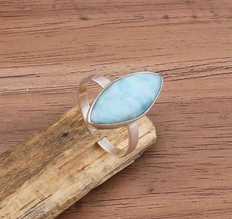 Solid 925 Sterling Silver Natural Larimar Gemstone Marquise Shape Ring Handmade Jewelry Unisex Gift