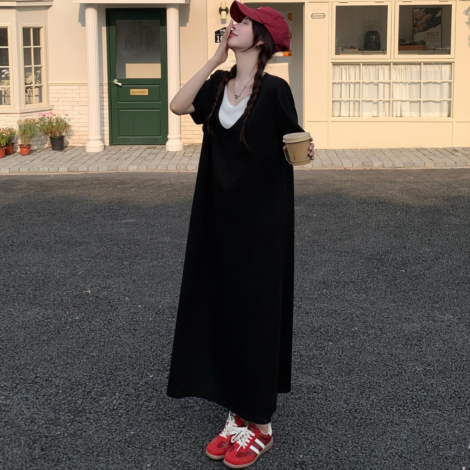 

DIMANAF Women 2025 Plus Size Dress Summer Vintage Dress Basic Long Casual Loose Fake Two-Piece Black Dress Maxi 4XL чёрный