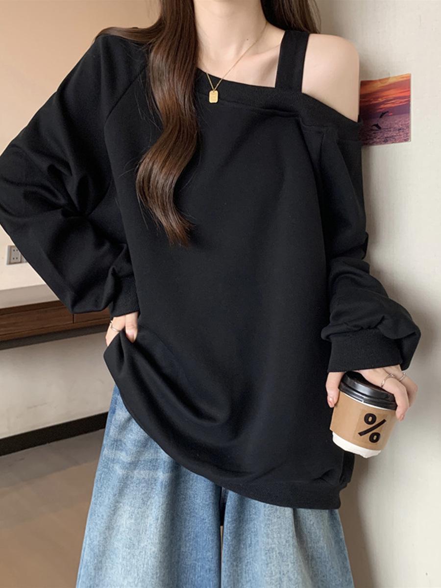 

2025 Spring/Autumn Women s Off-the-Shoulder Solid Color Slimming Sweatshirt M чёрный