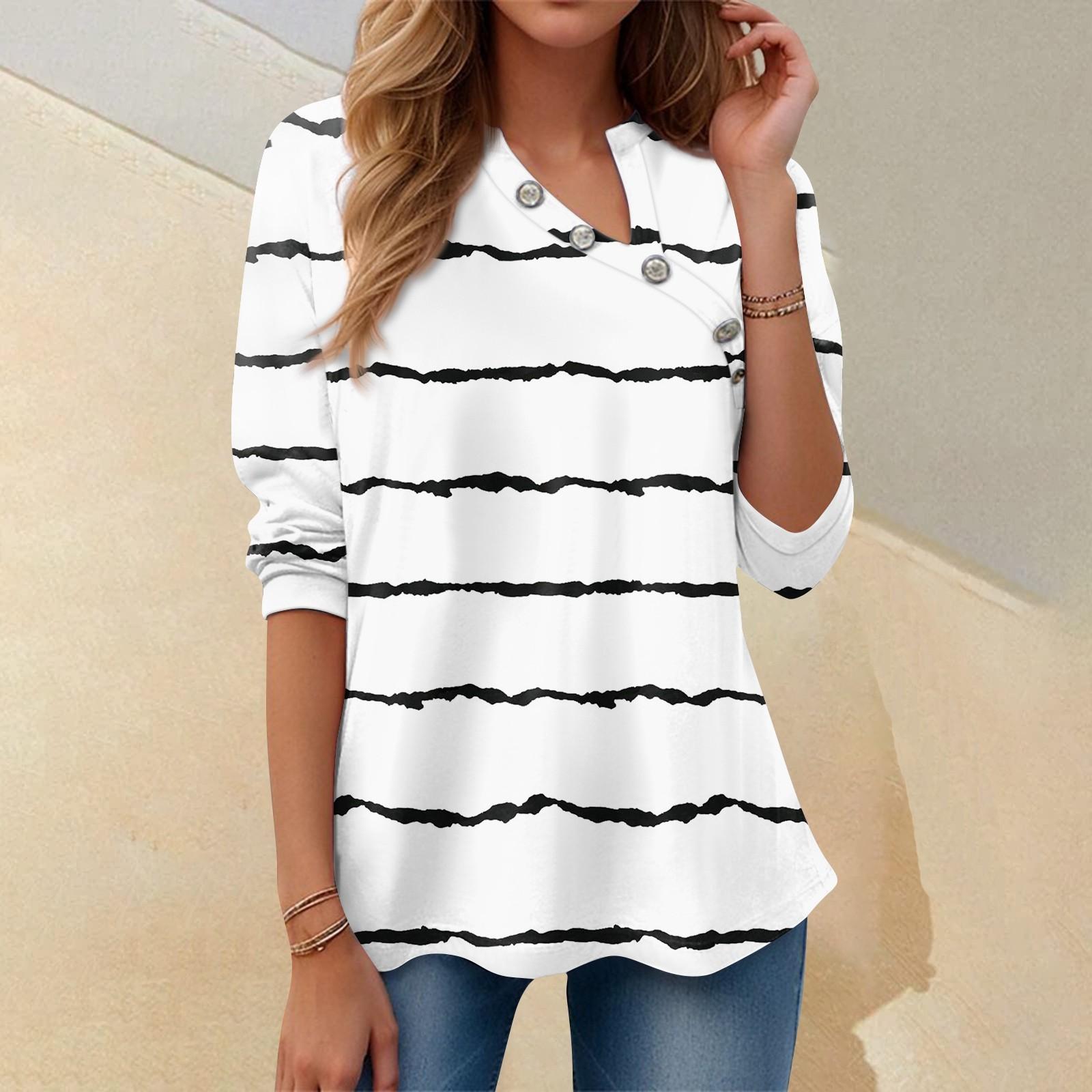 

Женская футболка с принтом и пуговицами, длинный рукав, повседневная мода для выходных, пуловер с v-образным вырезом, топы L белый