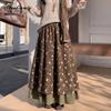 Japanese Mori Girl Autumn Winter Women Midi Skirt High Waist Yellow Green Blue Brown Floral Print Patchwork Ruffles Skirt Vintage Elegant Chic Skirt