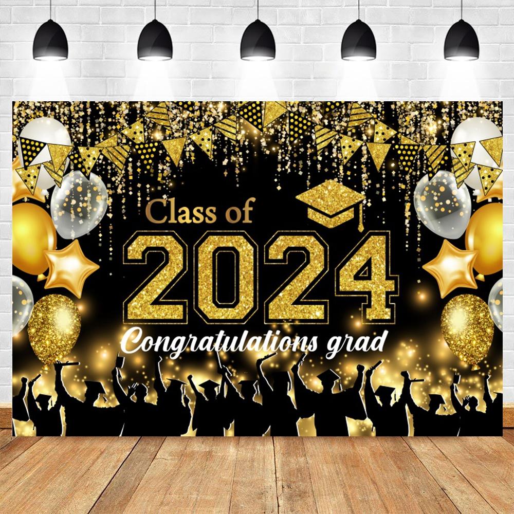 Golden Flash Black Balloon Banner Photography Background Cloth, Congratulations Graduation Ceremony Evening Photography Backdrop