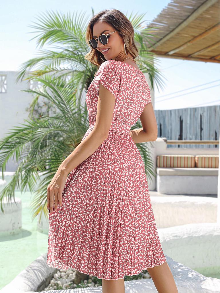 2023 Spring/Summer Women's Floral Tie-Up Dress with Pleated Skirt - European & American Style, Short-Sleeved, Casual