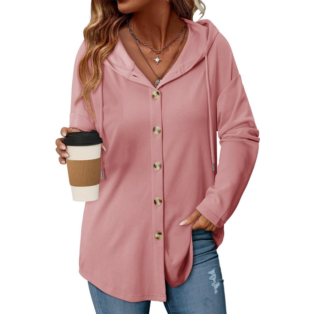 Women's Fashion Casual Raglan Long-Sleeve Drawstring Coat, Vintage Buttoned Hooded Coat