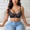 Reggiseno in Pizzo Francese Europeo con Ciglia, Reggiseno a Balconcino Trasparente in Rete con Spalline Sottili Scollo a V, Reggiseno Push-up Sexy per Donna