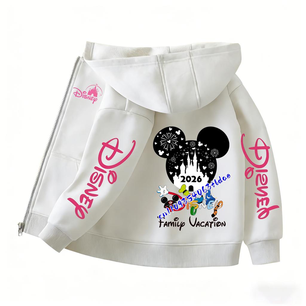 2026 Family Trip Kids Zip Up Hoodie Cute Cartoon Mouse & Friends Graphic Casual Hooded Jacket