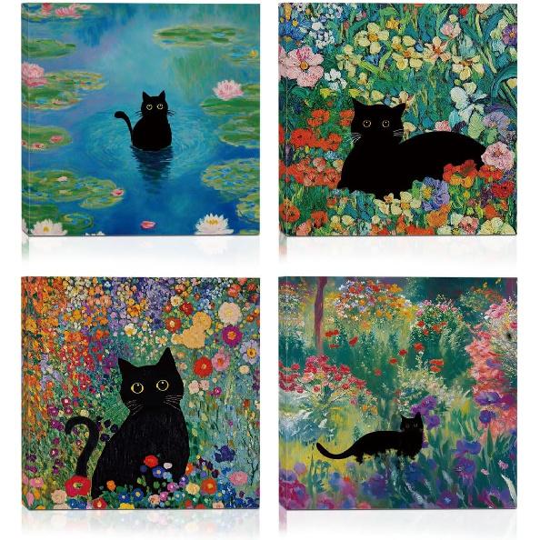 4 PCs Kawaii Japanese Ramen Cats Canvas Wall Art Framed Wall Decor, Cat Lover Gifts, Cat Themed Gifts Art Prints Paintings, Pictures Home Decor for