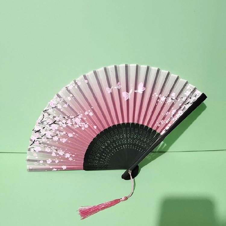 Folding Hand Fan with Tassels for Women Prom Parties Flower Butterfly Pattern Chinese Traditional Hand Fan for Collector