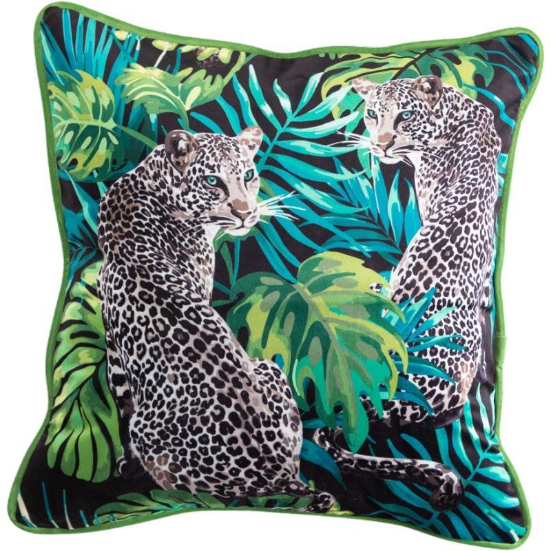 Cushion Cover with Tropical Plants and Palm Leaves Design, Velvet Cushion Cover with Tassels, Animal Pattern, Leopard, Bird, Gre