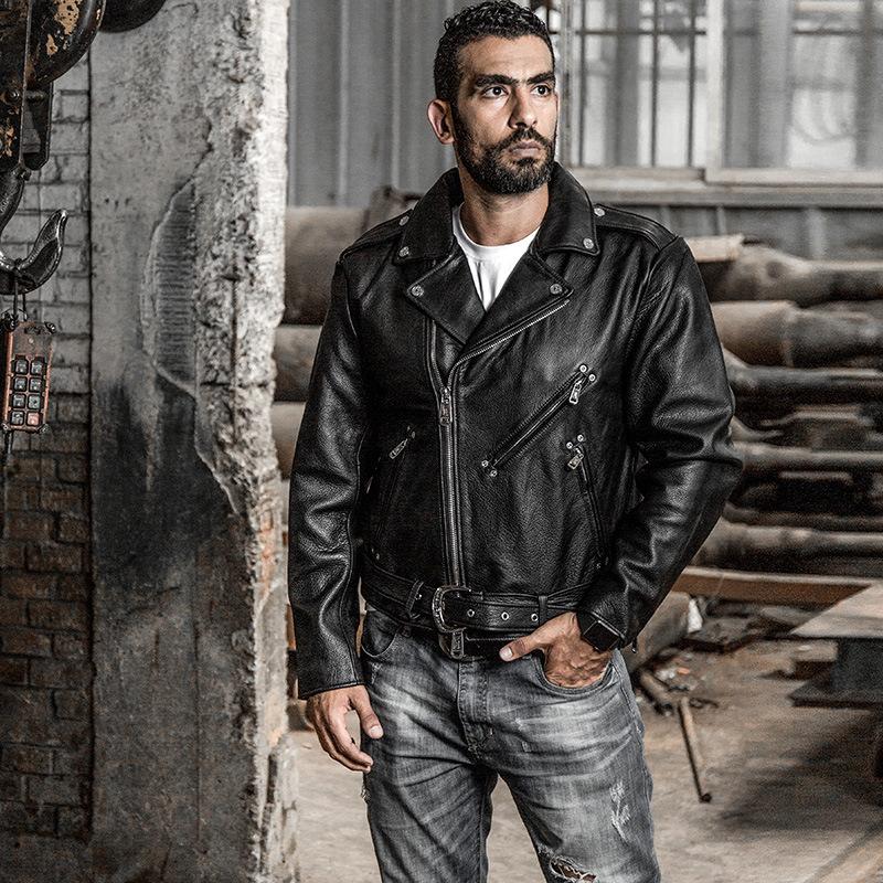 HARLEYANGEL spring and autumn locomotive leather jacket men, lapel oblique zipper leather rope waist top layer cowhide leather jacket