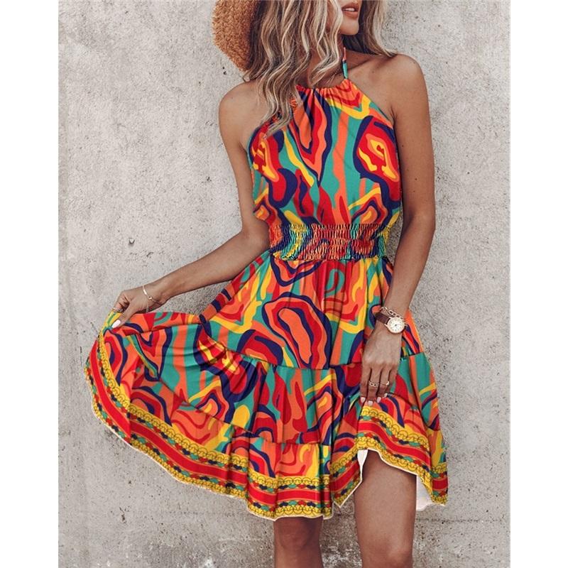 Sexy Strapless Halter Neck Women's Printed Dress Women