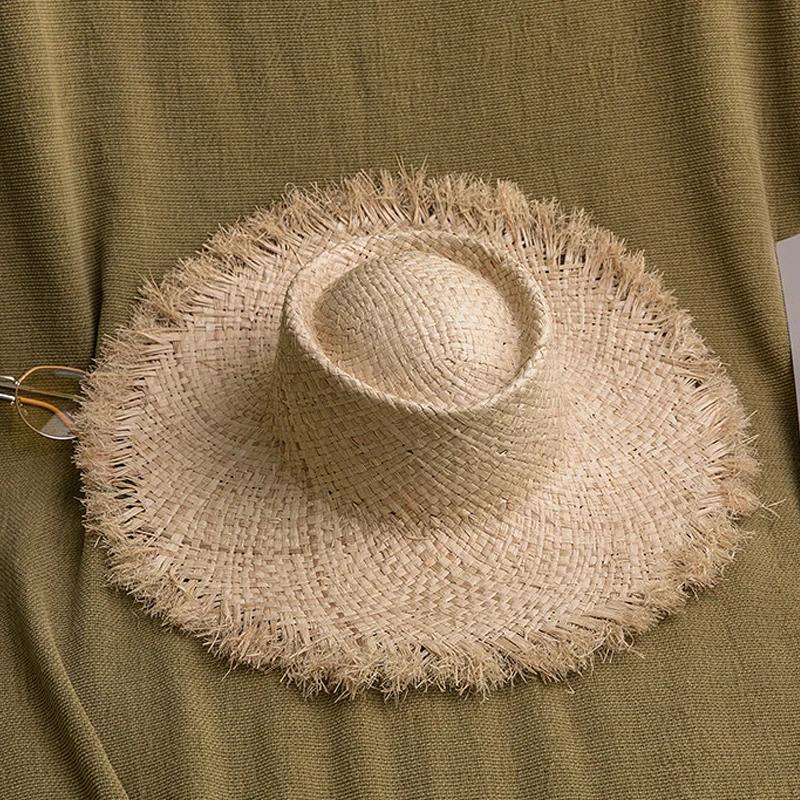 Fashion Handmade 100%natural Raffia Dame Top Big Brim Straw Hat Beach Girl Holiday Panama Sunscreen Breathable Sun Hat sale