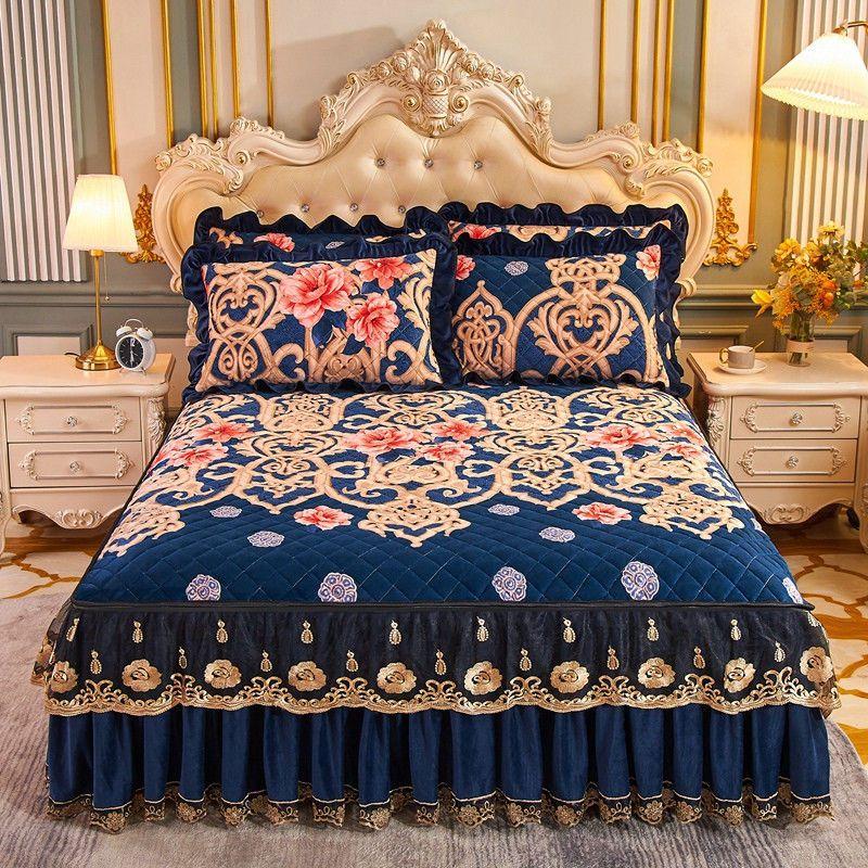 High Grade Winter Crystal Velvet Thicken Quilted Bedspread King Queen Size Flannel Quilting Bed Skirt Including Pillowcase