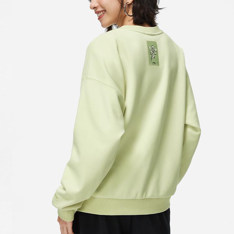 Li Ning Sports Lifestyle Series Printed Crew Neck Pullover Fleece Long Sleeve Sweatshirt Women Sweatshirt Jade-Green AWDT762-5