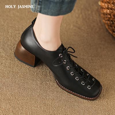 Fashion High Heel Square Toe Women Pumps Genuine Leather Concise Office Ladies Casual Lace-Up Shoes Woman 2024 Spring Summer