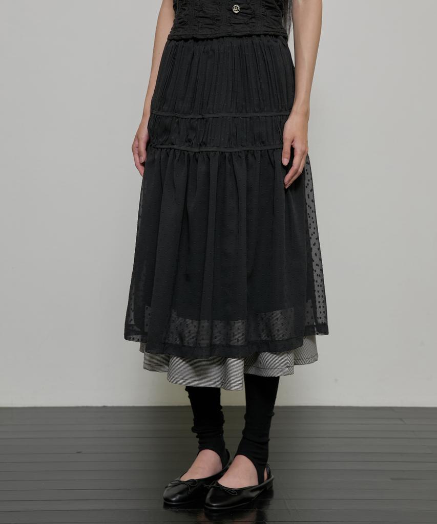 Peulleeoeob Layered Crinkle Check Skirt (Fl-269_Black)