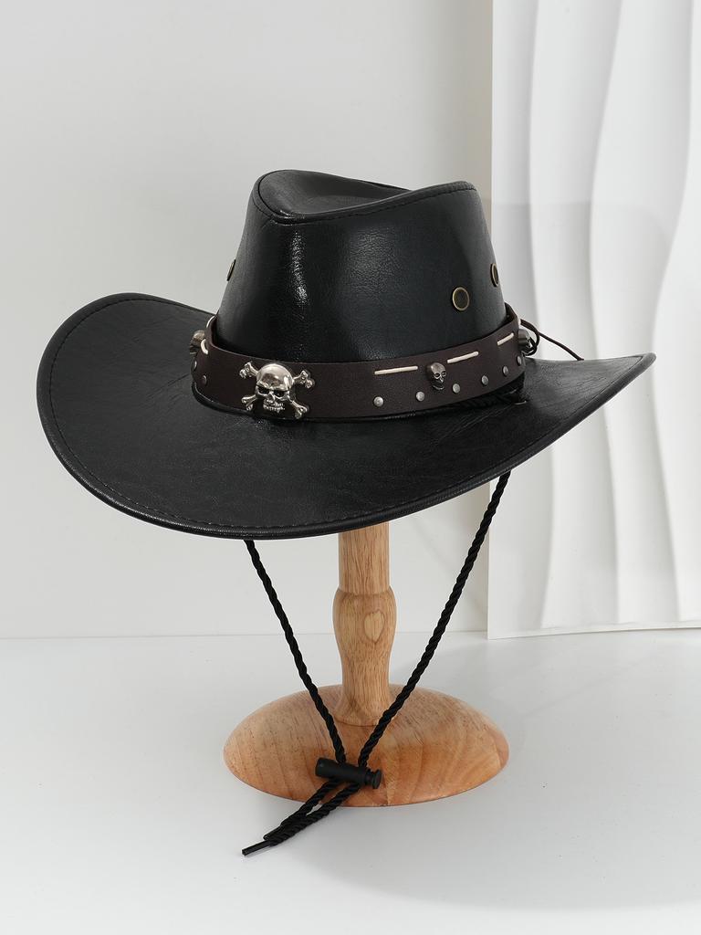 Popular Men's and Women's PU Leather Cowboy Hats, Unique Three-dimensional Skull Rivets with Willow Nail Ropes, Fun for Birthday Parties