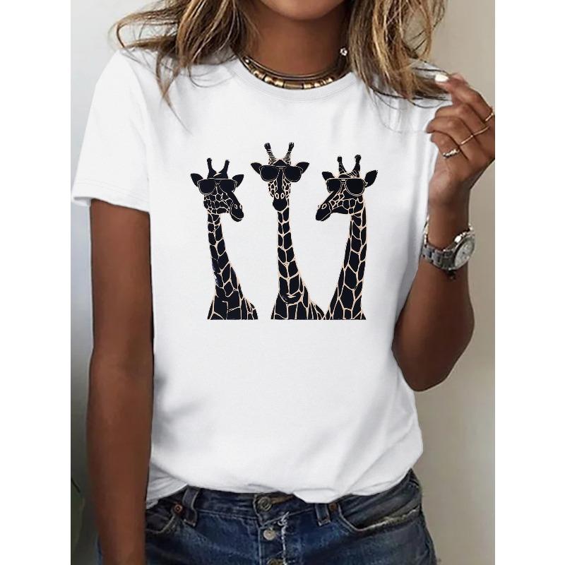 Womens Giraffes With Sunglasses Print Short Sleeve Crew Neck Summer Casual Tee S