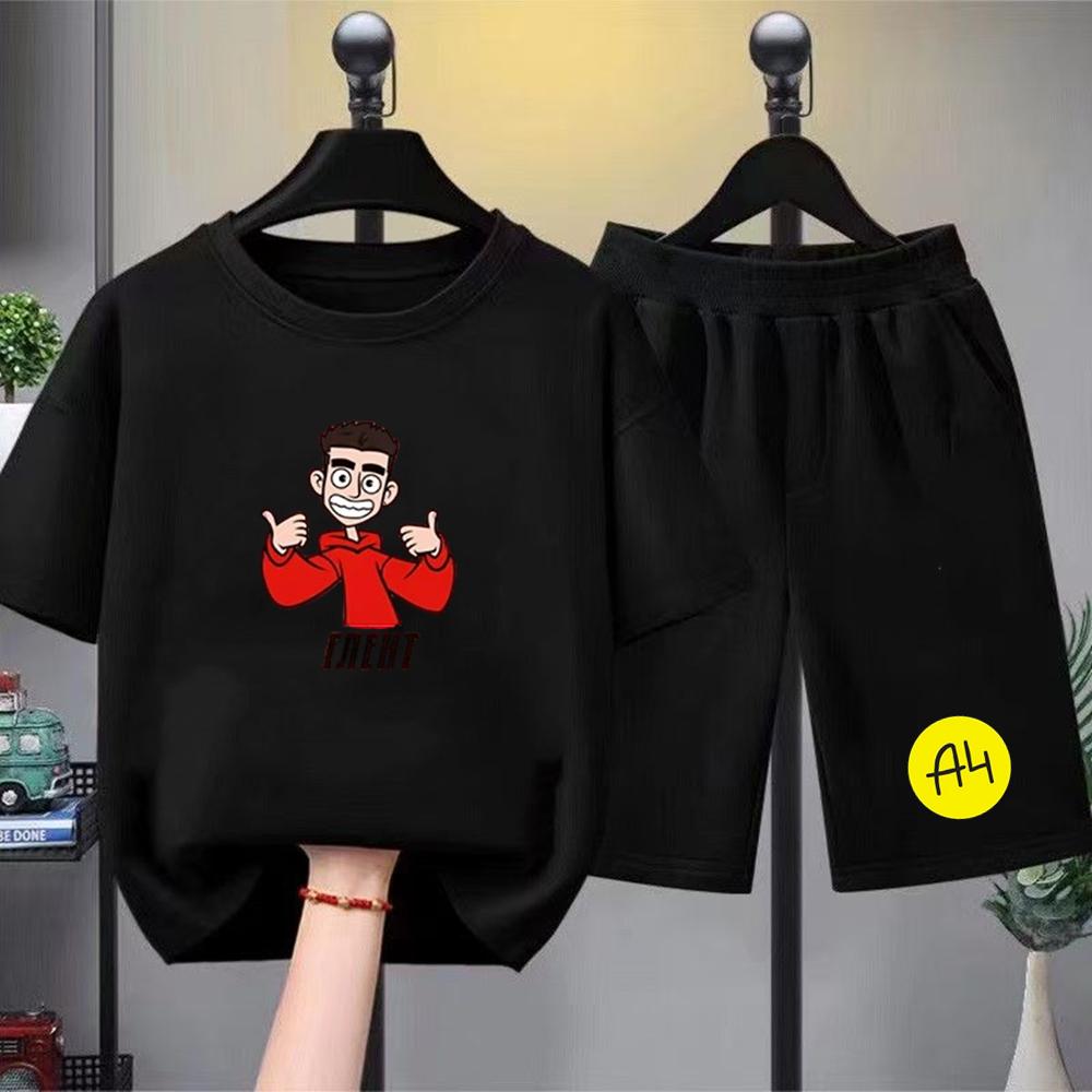 Summer Short Sleeve Children Age 3-12 Girls Set white black Boy Tshirt+Shorts 2pcs leisure Kids A4 Print Set clothing
