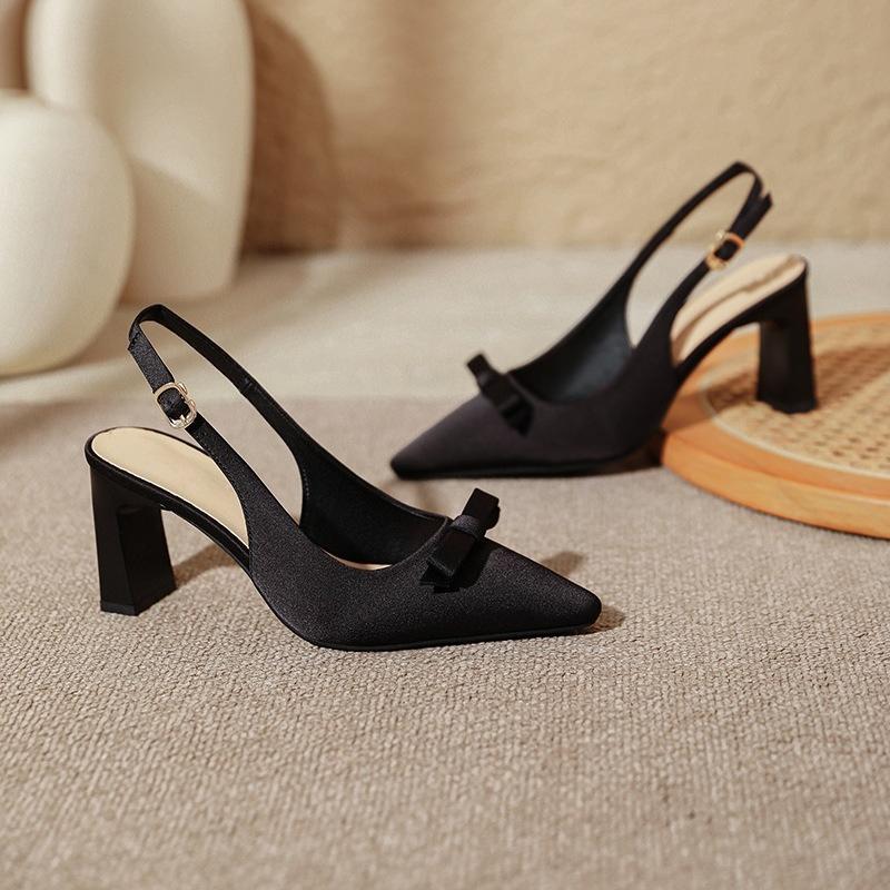

Women Satin Slingback Sandals Block High Heels Pointed Toe Bowknot Pumps Summer Elegant Wedding Party Dress Shoes Pink 39 чорний