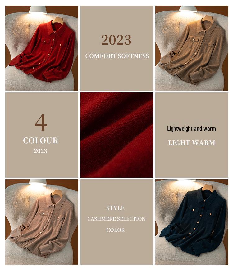 2025 Fall/Winter Women's Cashmere Polo Collar Tie-Up Cardigan with Long Sleeves