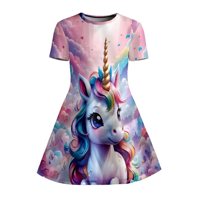 Women's Unicorn Printed T-shirt Dress, Rainbow Cloud Casual Dress, Suitable for Children's Parties, Birthdays and Gifts