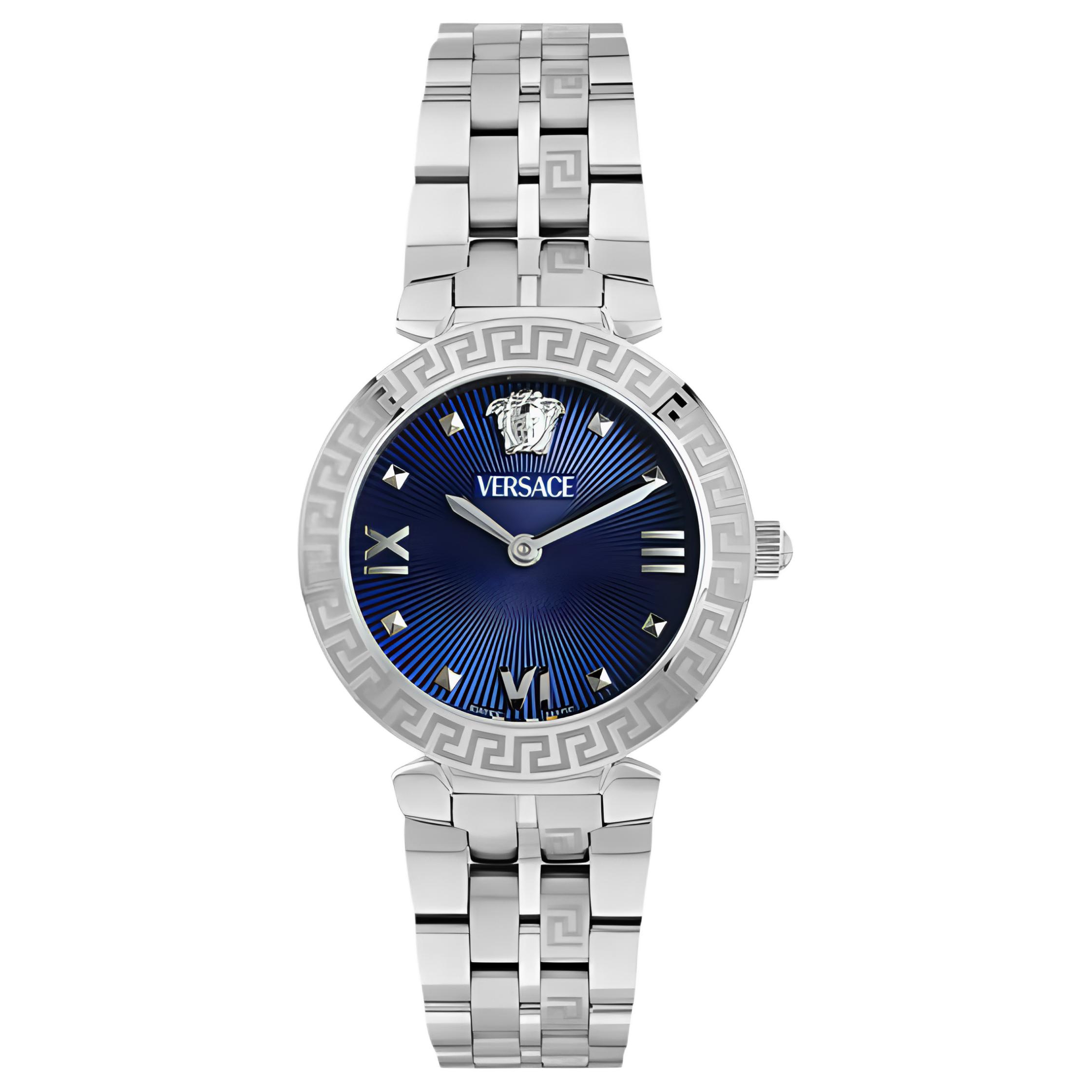 Versace Classic Serie Nieten-Uhr Quarzwerk 32mm Blaues Zifferblatt Damenuhren VEOCA0124 Regular Watch Box, Green