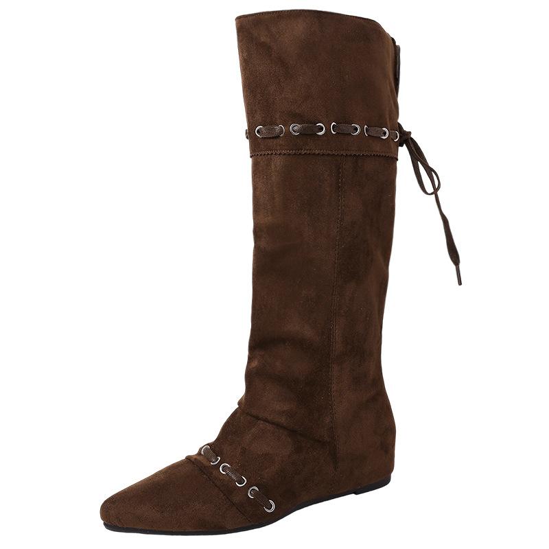 Retro Suede Lace-up Splicing Stacking Boots Women's Autumn and Winter Design Sense Pointed Buckle Metal Buckle Western Boots Knight Boots