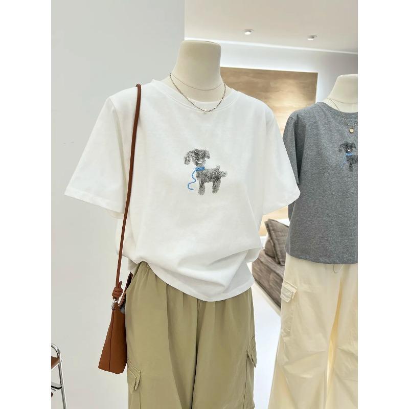 T-shirt a maniche corte da donna con stampa di cane a cartoni animati grigio, nuova per l'estate, stile coreano, ampia, versatile, top in puro cotone